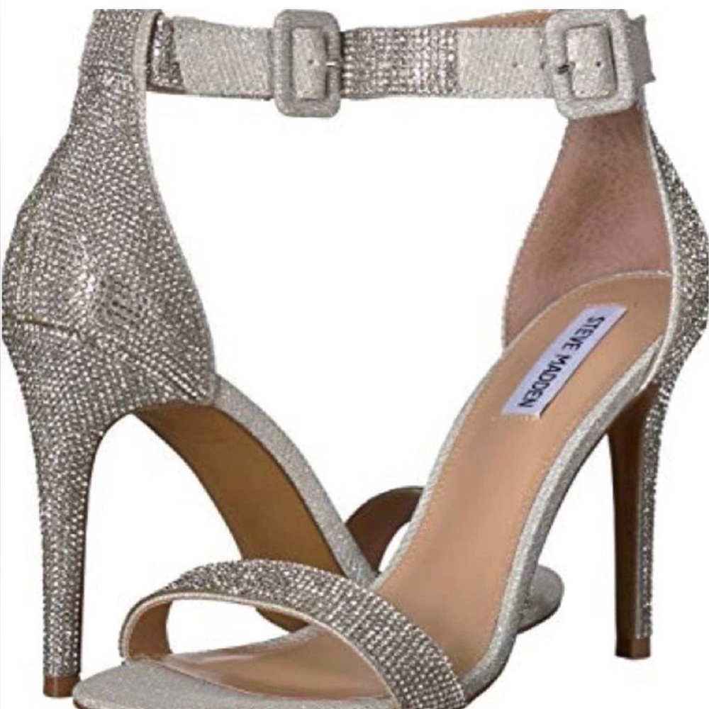Steve Madden Heeled Sandal Silver Rhinestoned Strappy  Ankle Strap Spike Heel 8